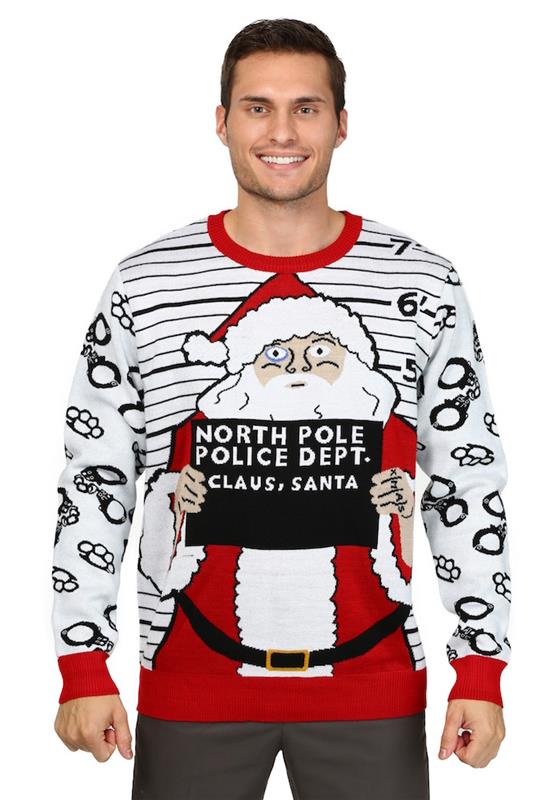 škaredý humorný sveter Noel Man s kresbou Santa Clausa zatknutý na policajnej stanici na severnom póle
