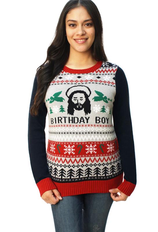 vianočný sveter žena s kresbou Ježišovho narodeninového chlapca k narodeninám za humor odhalenia