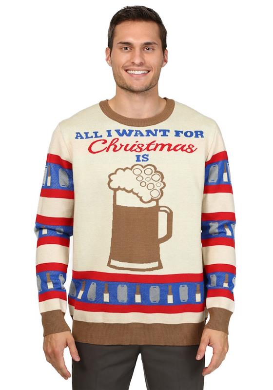 škaredý béžovo hnedý gýčový vianočný sveter pre muža, ktorý miluje pivo