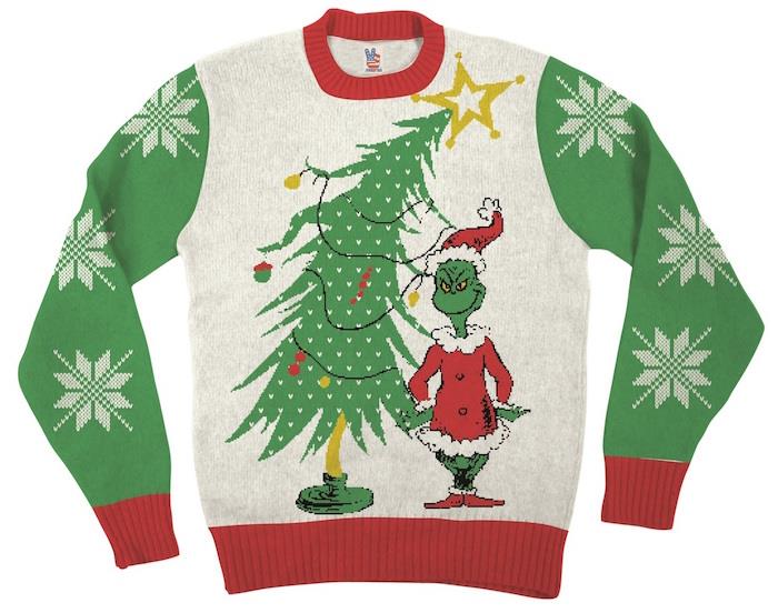 gýčový a škaredý pánsky sveter s designom grinch na materinské Vianoce a bielo zeleným červeným vianočným stromčekom