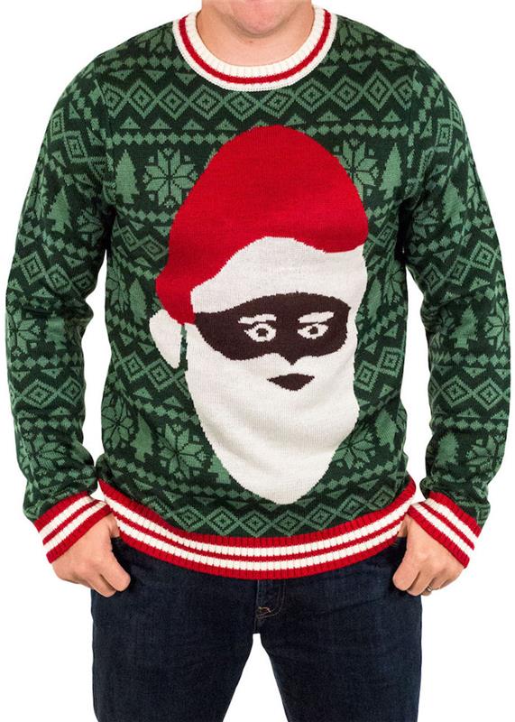 tmavozelený škaredý vianočný sveter s čiernou hlavou Santa Clausa s bielou bradou a červenou čiapkou