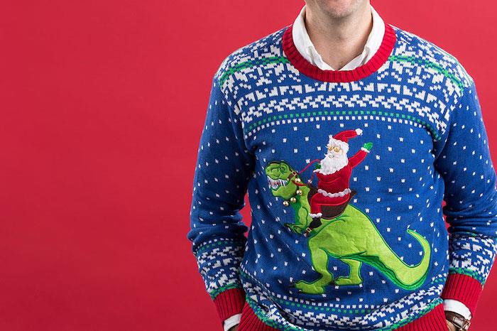 pánsky modrý vianočný sveter so Santa Clausom na chrbte zeleného dinosaura