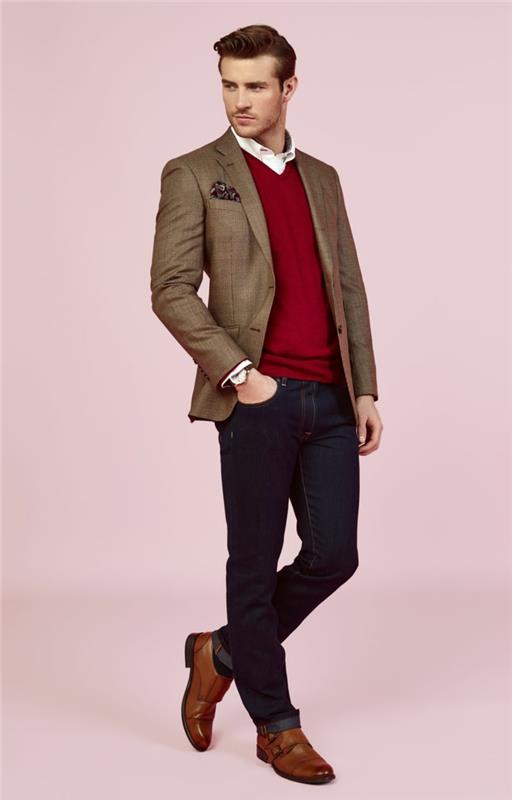 smart casual klädkod för män, outfit med mörka jeans i kombination med röd blus och khaki grön blazer