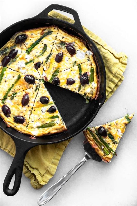 čo jesť dnes večer, jednoduchý recept na vajíčko, recept na špargľu a kozí syr frittata