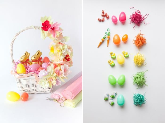 nápad, ako ozdobiť pletené umelé kvety, model košíka naplnený čokoládovými zajačikmi a plastovými vajíčkami