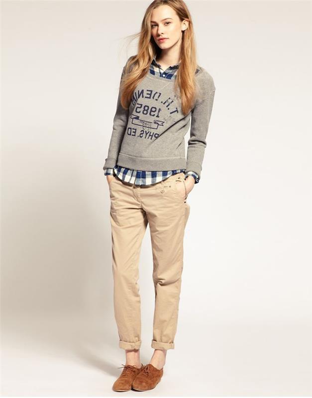 ležérny preppy look s dámskymi khaki nohavicami s vyhrnutým lemom a károvanou košeľou pod sivou mikinou