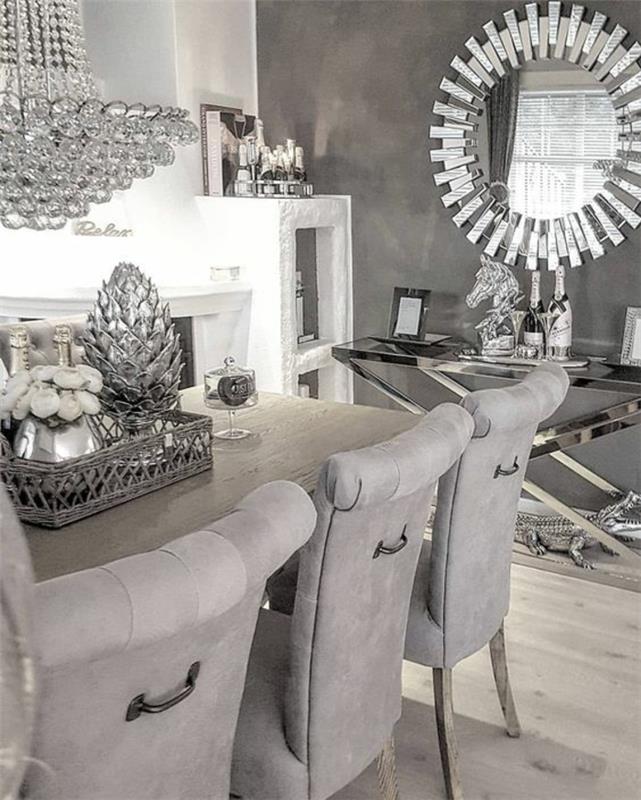 perleťovo šedá, veľmi elegantná obývacia izba so slnečným zrkadlom, luxusná atmosféra v niekoľkých odtieňoch šedej