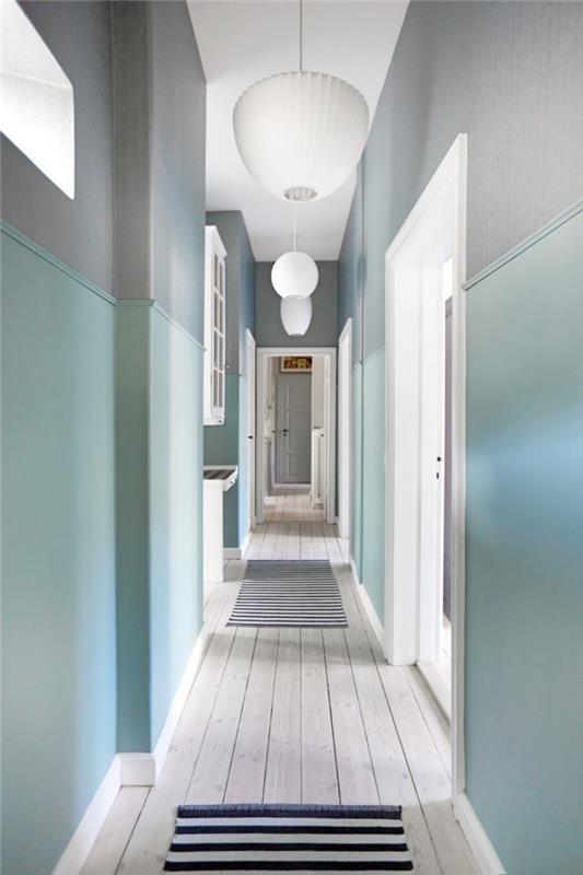 vilken färg att måla en hall med många dörrar, en lång och smal hall i grått, mintgrönt och vitt som ger en känsla av bredd