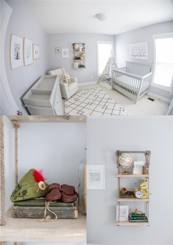 chlapčenská izba s bielymi stenami s novorodeneckým nábytkom, nápad na vertikálne skladovanie zo svetlého dreva a kovu