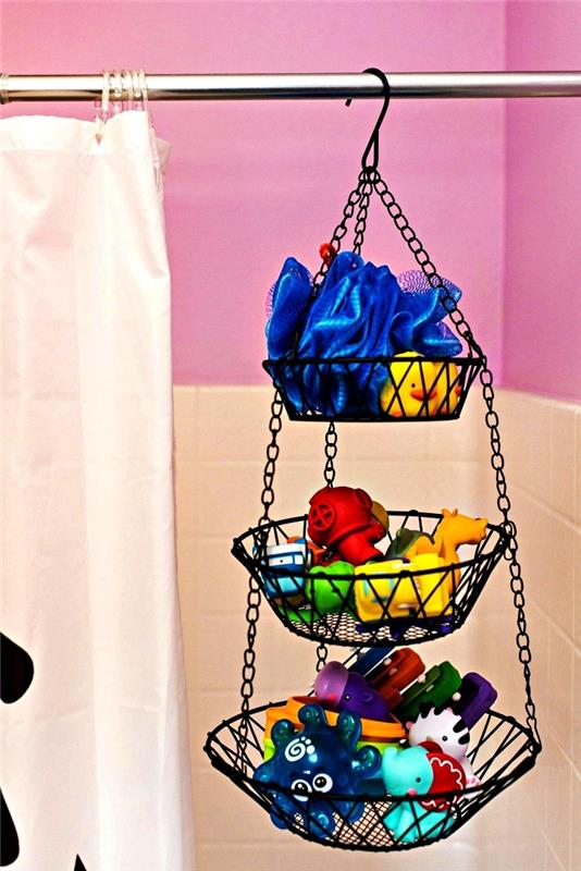 Tip na skladovanie hračiek v kúpeľni, trojposchodový závesný kôš na ukladanie hračiek v kúpeľni