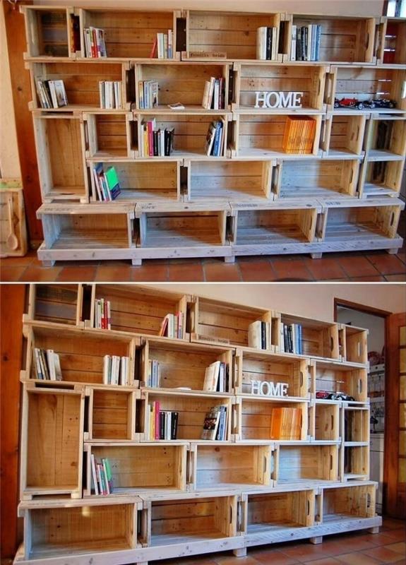 príklad ako vyrobiť originálnu knižnicu z recyklovaných drevených paliet alebo prepraviek, dekoráciu steny drevom