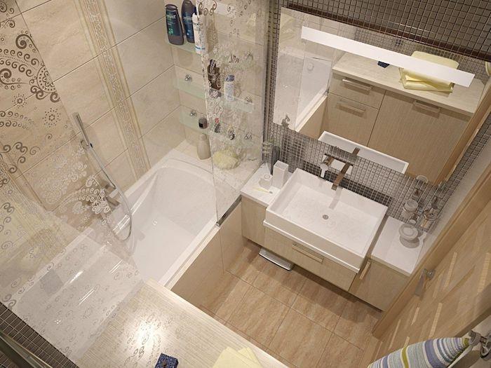 malá talianska kúpeľňa s béžovým obkladom, bielym umývadlom, béžovou dlažbou, posuvnými dverami do vane, veľkým zrkadlom