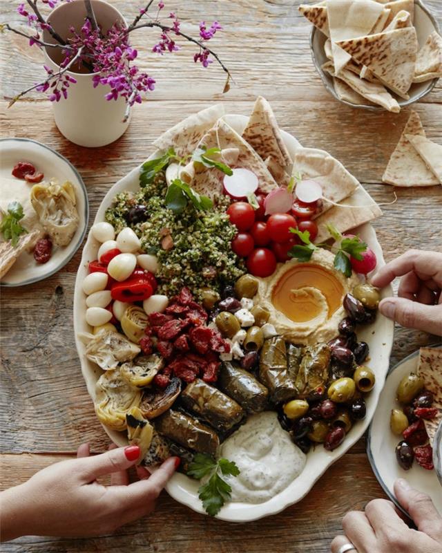 recept na vegetariánsky predjedlo, grécky mezze s omáčkou tzatziki, hummus a tabbouleh