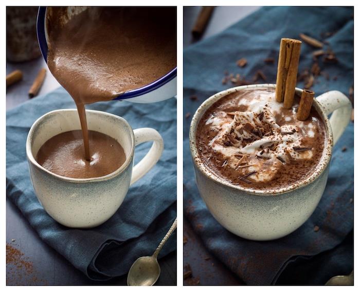 idé hur man gör hemlagad glutenfri varm choklad med cashewnötter, kanel, ingefära, lätt protein vinter varm dryck