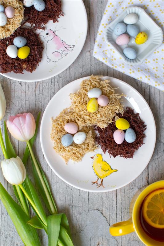 idé hur man gör ett enkelt påskbo med stekta nudlar och kakaopulver, exempel på en original dessert till påsk