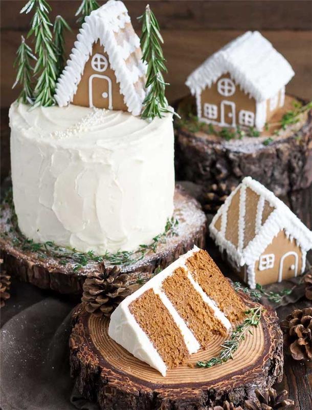 vilken pepparkakor nyårstårta att göra lager och vit toppning med ett hus i alpin stil ovanpå