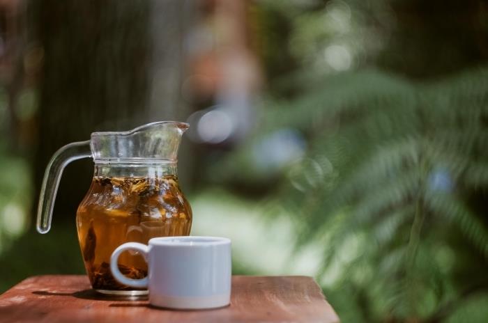 ingefära drink idé utan socker, grönt iste recept med färska örter, grönt te kall dryck kanna