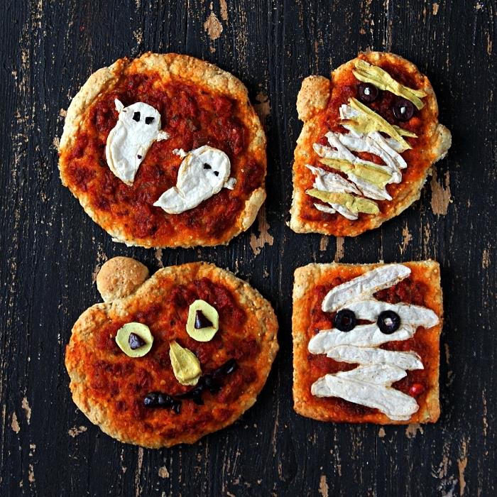 mini halloweenska pizza v tvare duchov alebo tekvice, jednoduché recepty na predjedlo pre halloweensky bufet