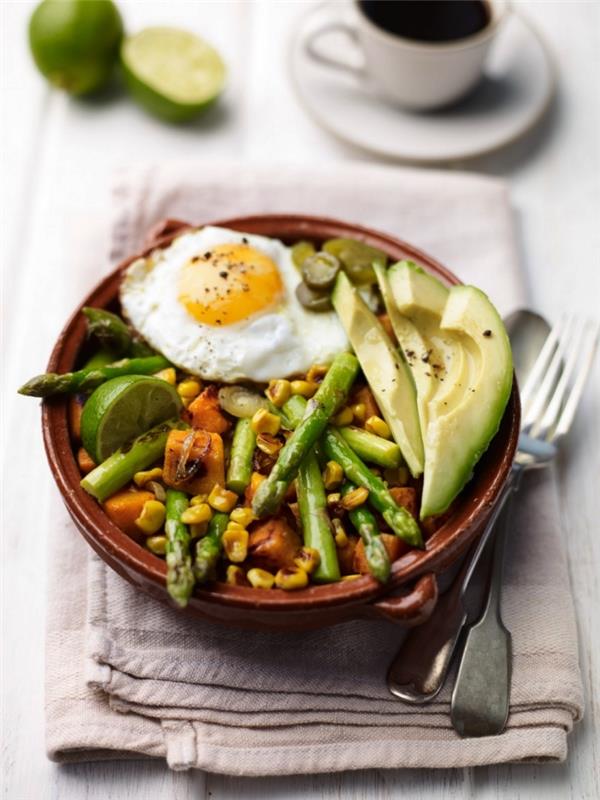 recept na zdravú raňajkovú misku so smaženými vajíčkami, sladkými zemiakmi a zeleninou