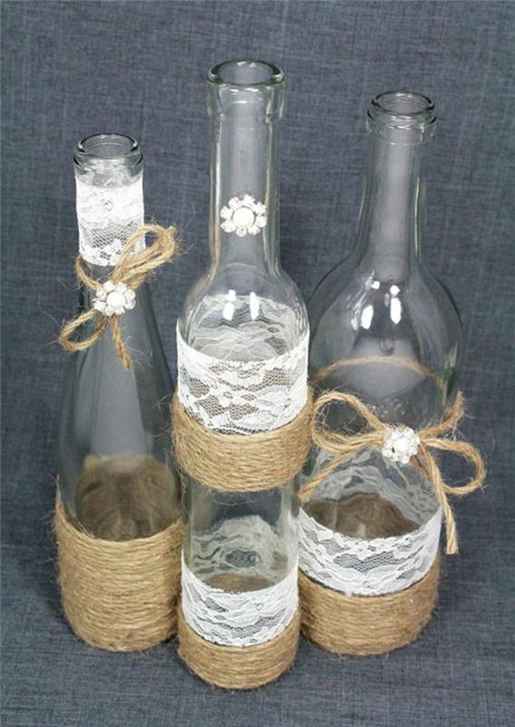 bröllopsdekorationstillfälle, vad man ska göra med vinflaskor, personliga glasflaskor med spets och snöre