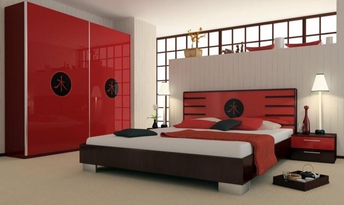 spálňa v červeno-bielom-ázijskom štýle