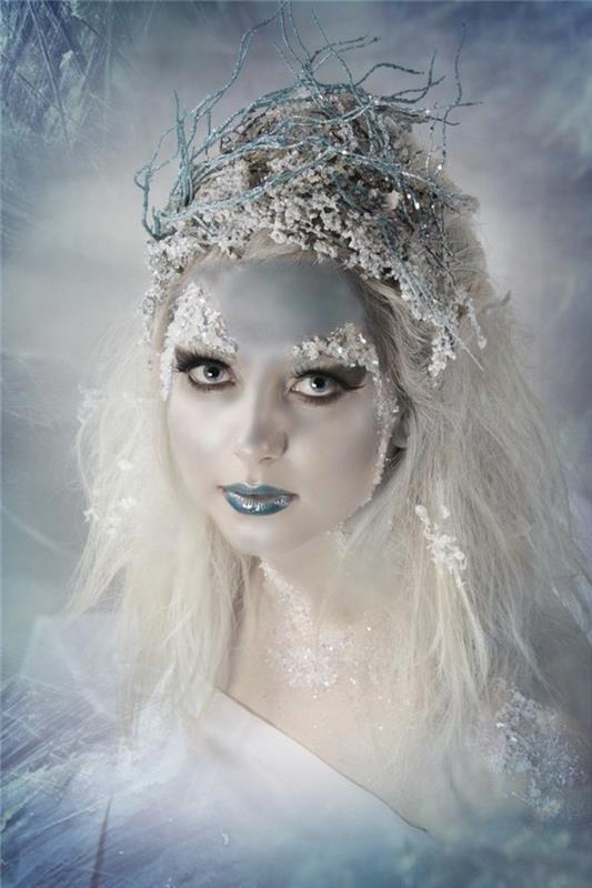 snödrottning, extravagant frisyr med original krona, ansikts kristaller