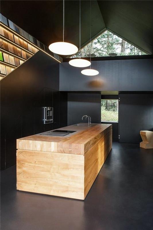 تجديد-مطبخ-سقف-تحت-منحدر-جدران-سوداء-أسود-لينو-أرضية-خشبية-أثاث المطبخ
