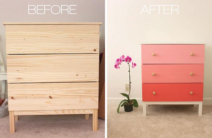 möbel makeover innan efter byrå ikea målade om till nio med rosa och röd färg