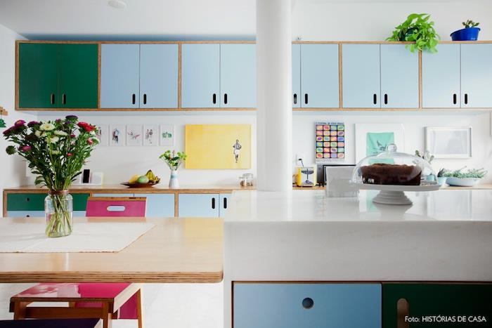 måla om köksskåp, skåp målade om i grönt och pastellblått, centralö och träbord, träbänk och stänkskiva dekorerad med ritningar
