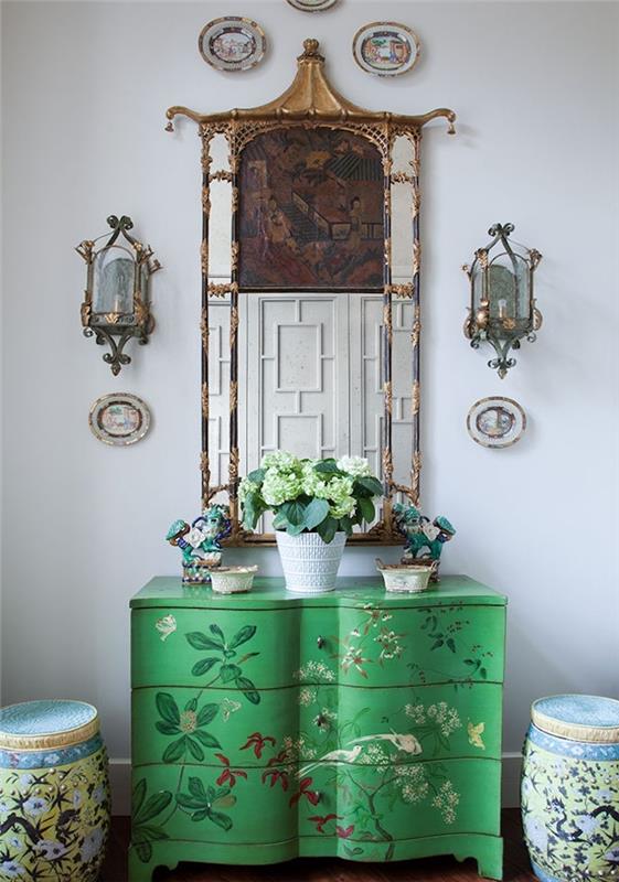 nápad, ako premaľovať starý kus nábytku, zelenú komodu s kvetinovými vzormi, zelené rastliny, doplnky v orientálnom štýle