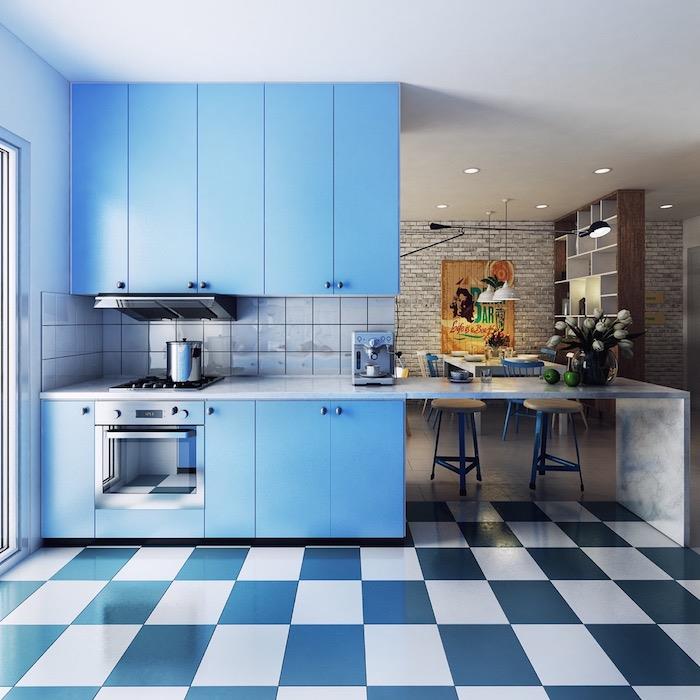 Modré a biele kuchynské farby, farby, ktoré ladia s modernou dvojfarebnou stenou