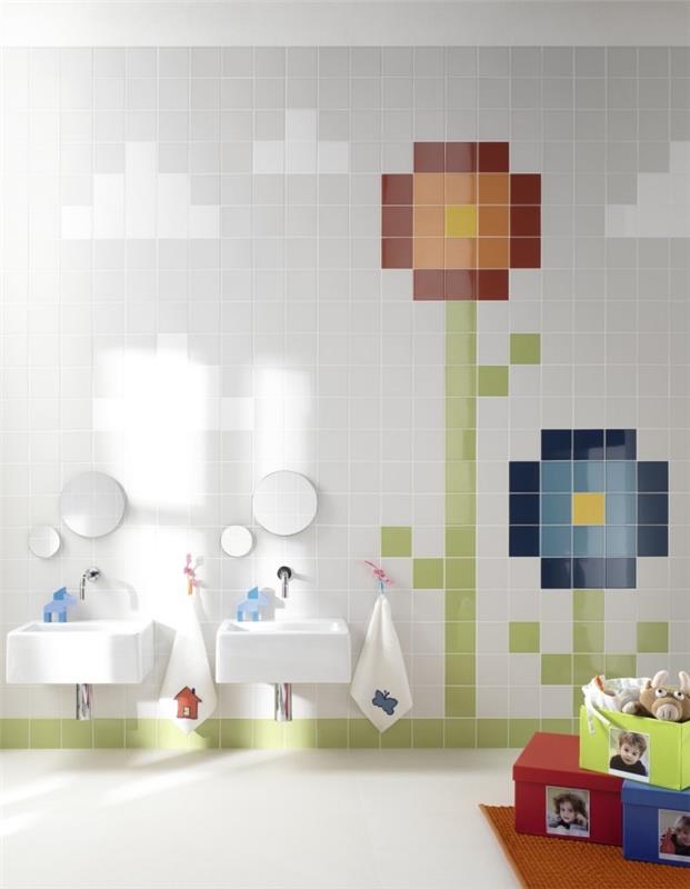 badrumsdekorationsidéer för två barn med dubbla handfat, exempel på väggdekoration med blommor