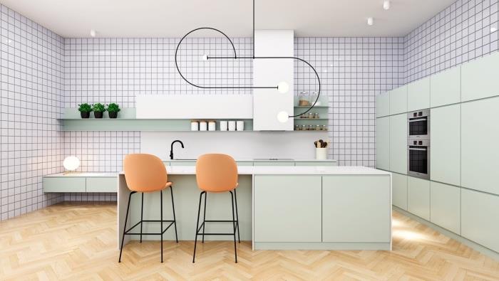 تصميم مطبخ طويل مع جزيرة مركزية ، ونماذج أثاث المطبخ ذات الظل الأخضر سيلادون مع كونترتوب أبيض