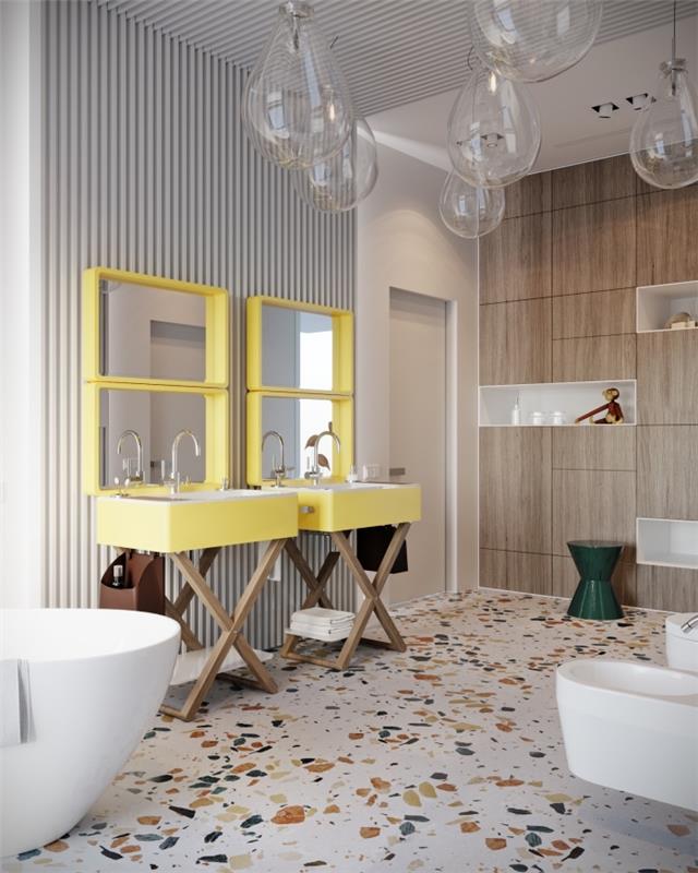 modern badrumsmodell med träväggar och diskbänk i trä och pastellgul färg