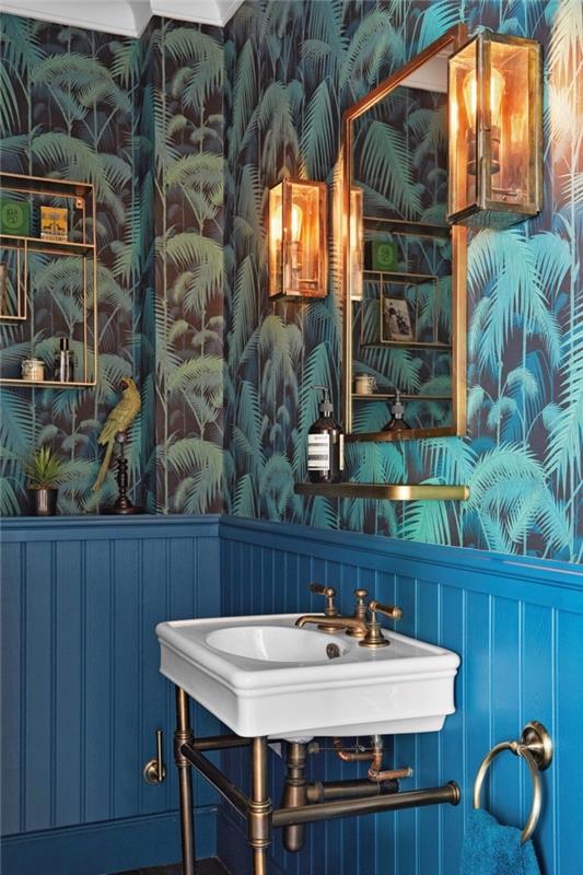 originálna toaletná dekorácia, model tapety monstera listový vzor v zelenej a čiernej farbe, myšlienka osvetlenia v industriálnom štýle