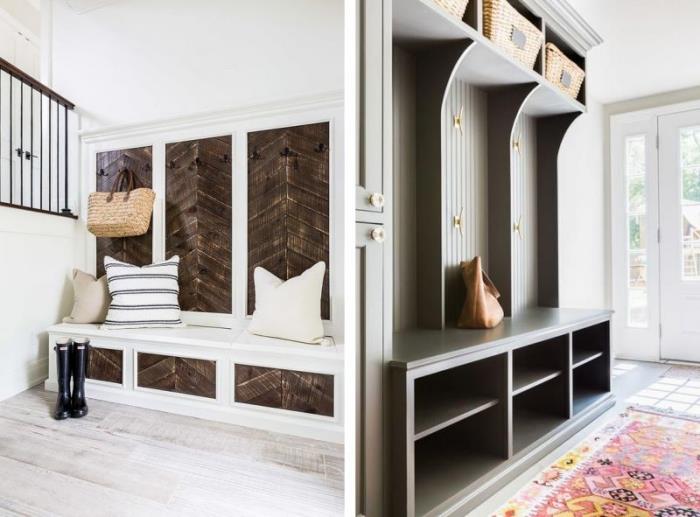 teplý drevený a biely vstupný dekoratívny model s lavicou a vankúšmi, viacfarebný geometrický dizajnový koberec