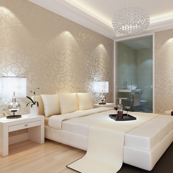 idé för utformningen av sovrummet med beige väggar med undertak och ljus träparkett