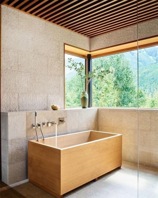 aký stropný kryt pre prírodnú kúpeľňu, malá dekorácia do kúpeľne s japonskou drevenou vaňou