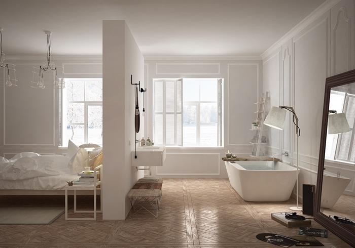 svetlé drevené parkety hlavná spálňa s kúpeľňou biela farba biely nábytok veľký zrkadlový drevený rám