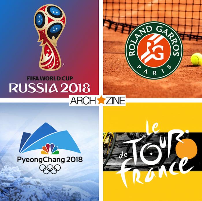 collage av logotyper för årets stora sportevenemang 2018 med världscupen i Ryssland, Roland Garros, Tour de France och OS i Sydkorea