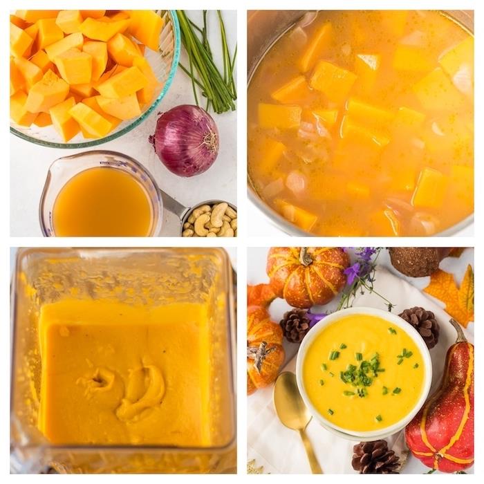 Ciotola con pezzettini di zucca، come si fa la vellutata di zucca، guarnire il piatto con erba cipollina