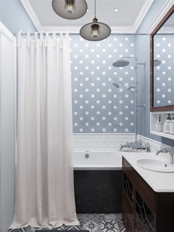 liten planlösning, 3m2 badrumsdekoration med blå väggar och vita och ljusgrå plattor