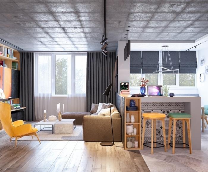 tänk vilken färg du ska associera med grått i ett vardagsrum med neutrala tak och väggar dekorerade med prickiga gula möbler och tillbehör