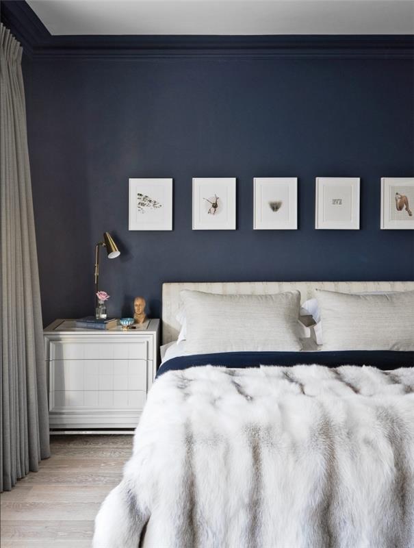 tmavomodrá farba v miestnosti na kokony, dekorácii spálne s modrými stenami a bielym nábytkom