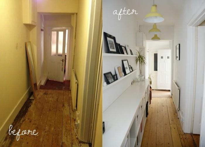 ristrutturare-casa-prima-dopo-corridoio-idee-fai-da-te-pavimento-legno-mensole-vista-foto-cornci-lampade-soffitto
