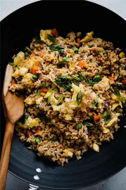 nápad na rýchle jedlo na báze ryže a vajec, recept na vyprážanú ryžu so zeleninou a vajíčkami, zeleninovú panvicu, ryžu a vajíčka