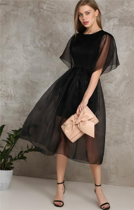 أفكار لملابس السهرة للمرأة ، فستان تول أسود أنيق ، حقيبة وردية جميلة