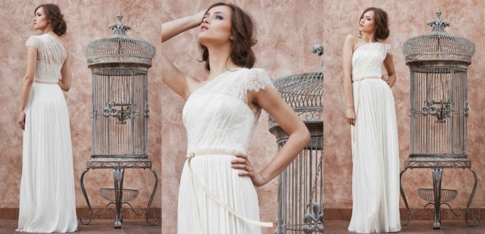 Grekisk brudklänning, avslappnad stil, lös bulle och asymmetrisk överdel