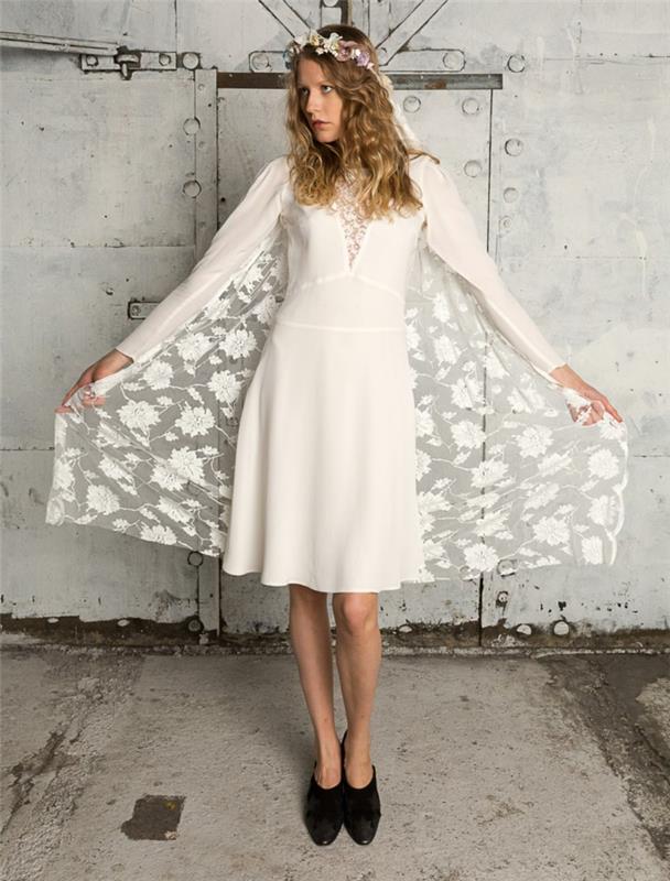 billig bohemisk bröllopsklänning, blommig spetspelerine, kort brudklänning