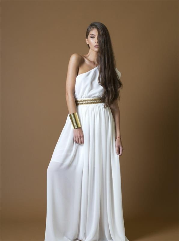 grekisk klänning, asymmetrisk krage, gyllene bälte, långt brunt hår